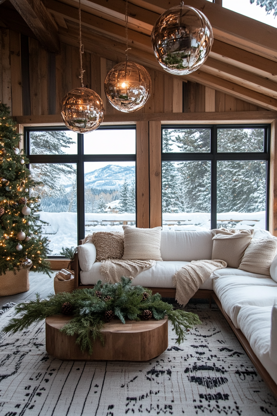 Wide angle view. Farmhouse-style space, pine garlands, wooden ornaments, snowy mountain backdrop.