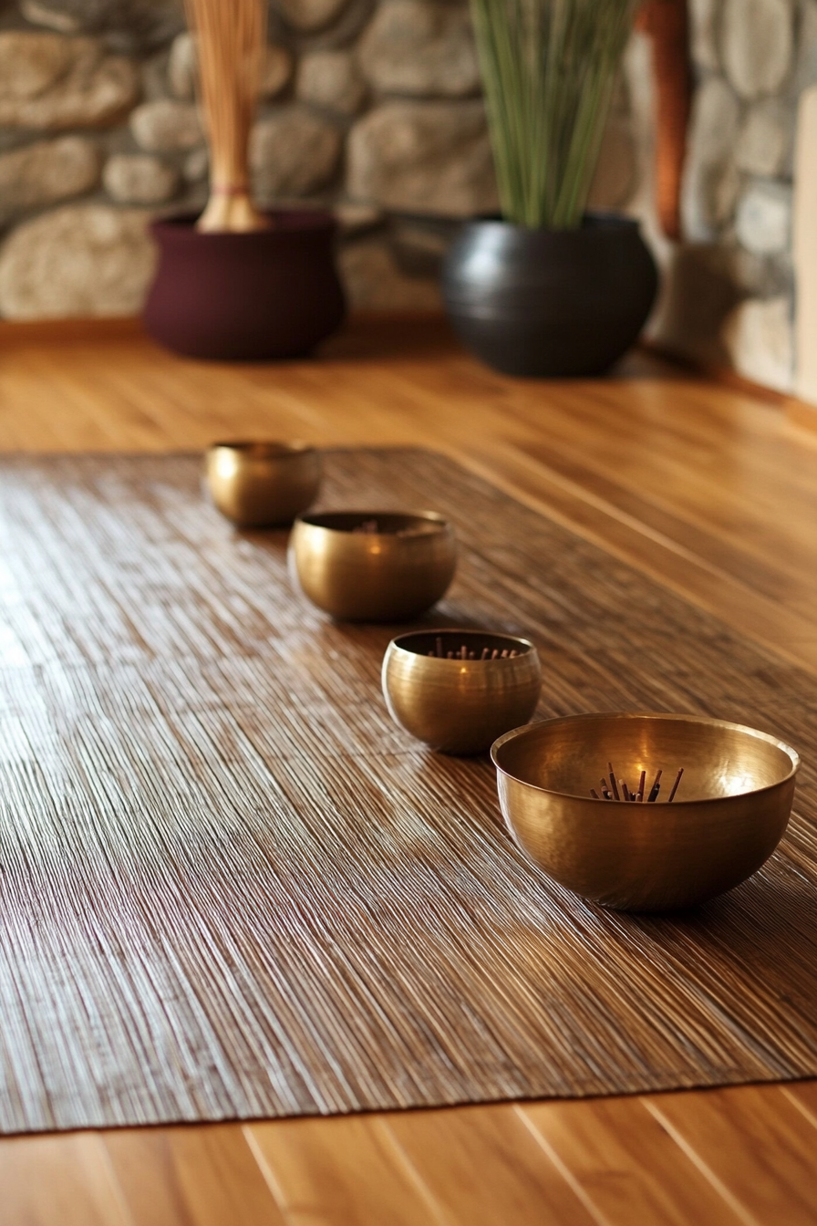 Van meditation room. Bamboo mat flooring, metallic incense holder, bronze singing bowls.