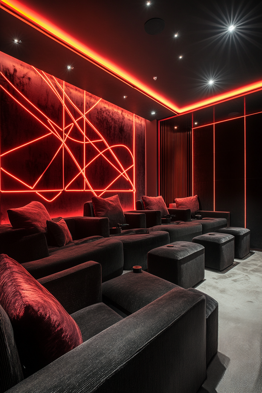 Contemporary tiny theater. Projector wall with neon line art, ebony tiered seating and surround sound.