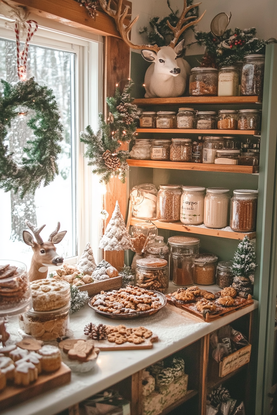 Wide-angle view. Holiday baking haven, deer watching in snowed meadow, spice storage near cookie station.