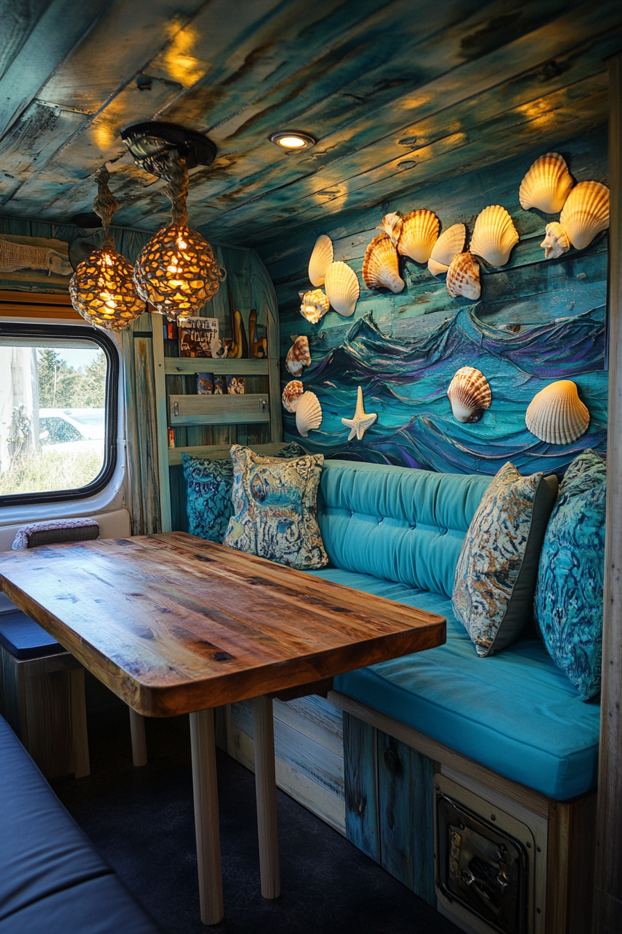 Van dining area. Fold-out table, turquoise cushions, seashell pendant lights, ocean mural.