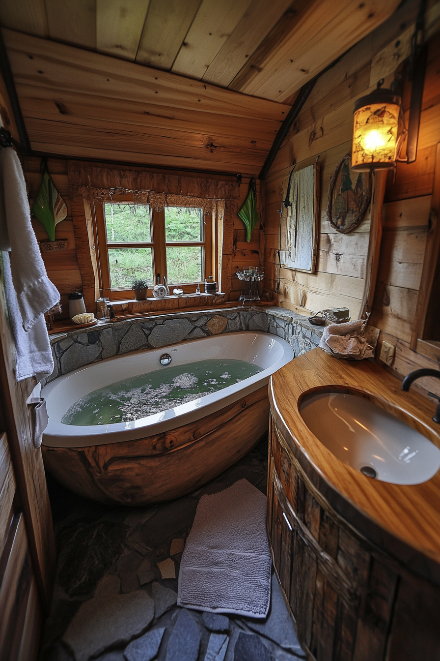 Wide angle view. Tiny house bathroom. Wooden soaking tub, stone counter.