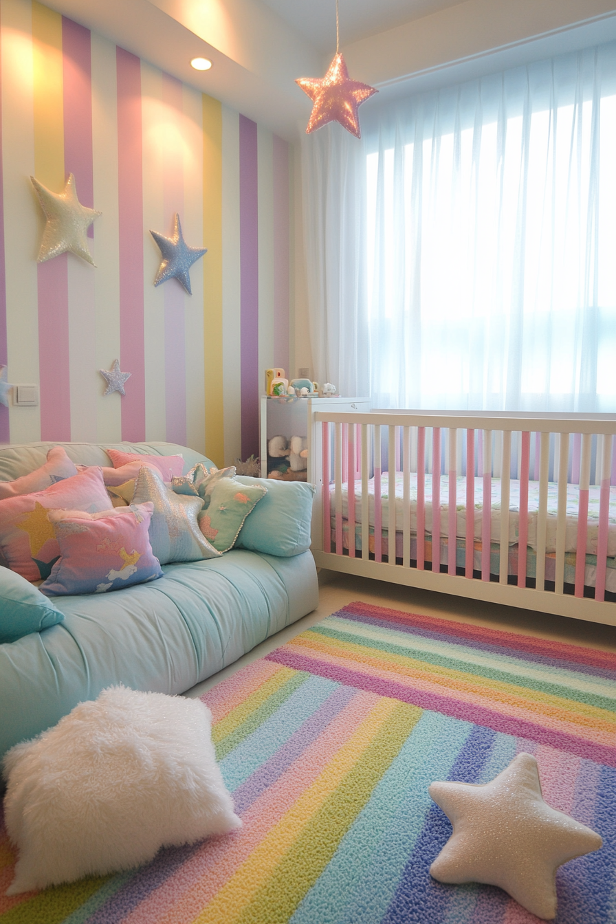 Wide-angle view of cheerful baby space. Pastel rainbow-striped nursery with star-shaped cushions.