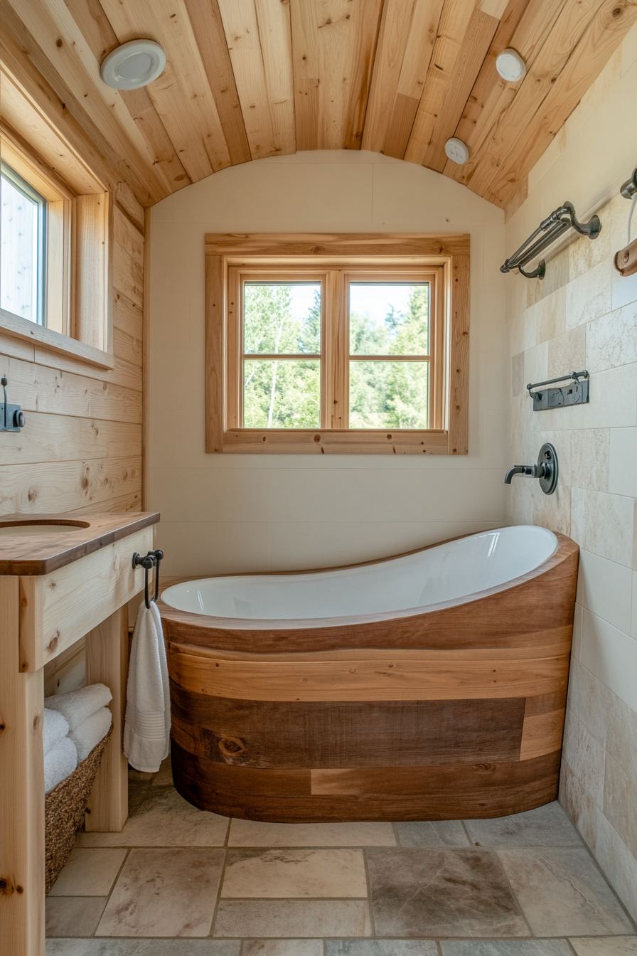 Wide angle natural tiny house bathroom. Wooden soaking tub and stone countertop.