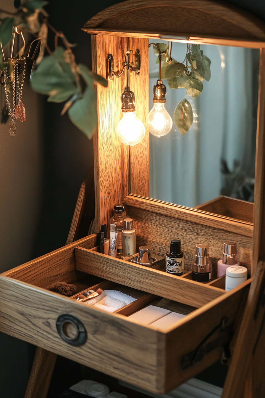 Bohemian Van Vanity. Oak wood makeup storage, bronze ring light, vintage folding mirror.