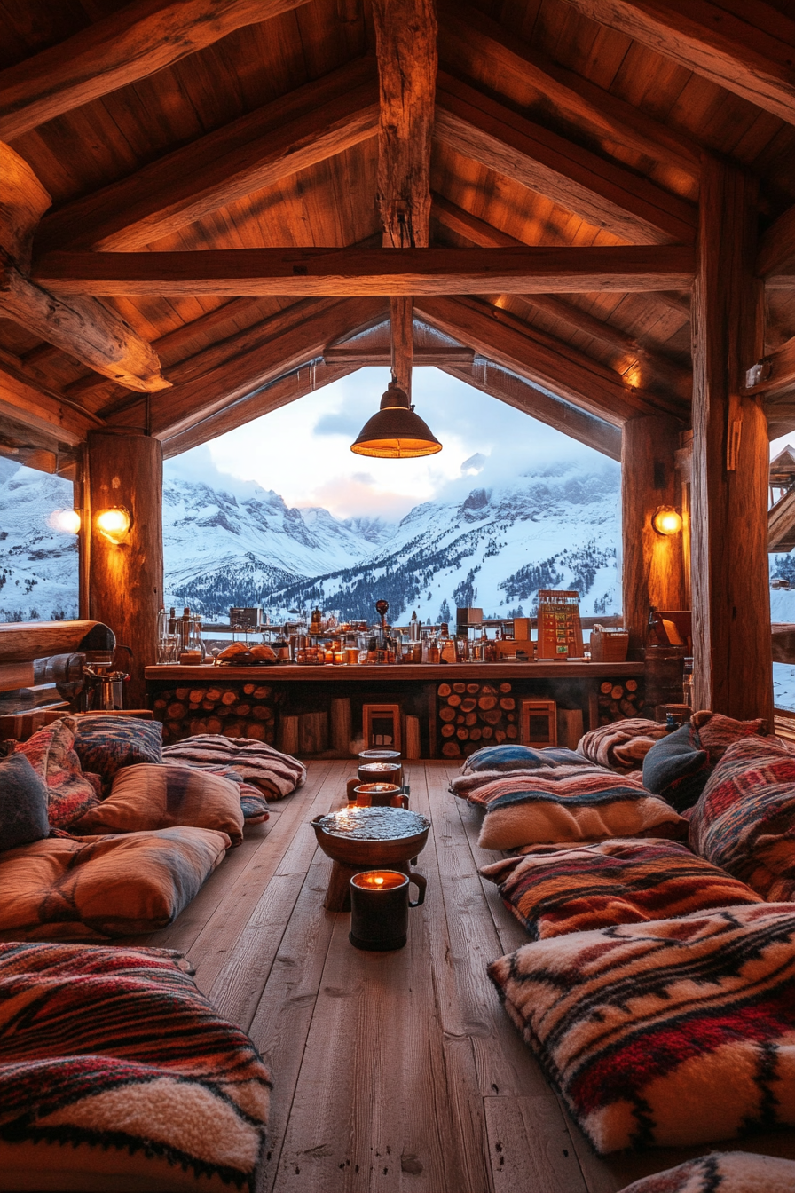 Wide angle interior view. Ski lodge, wool blankets, hot cocoa station, snow-capped peaks backdrop.