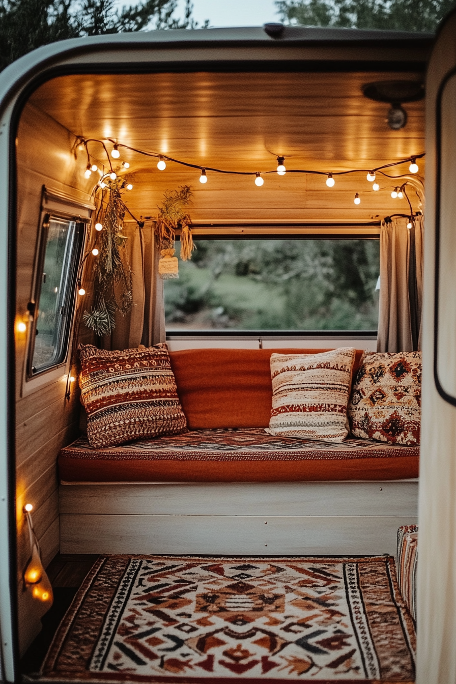 Desert-Boho reading corner. Vintage camper with terracotta cushions, dangling fairy-lights and Navajo pattern rug.