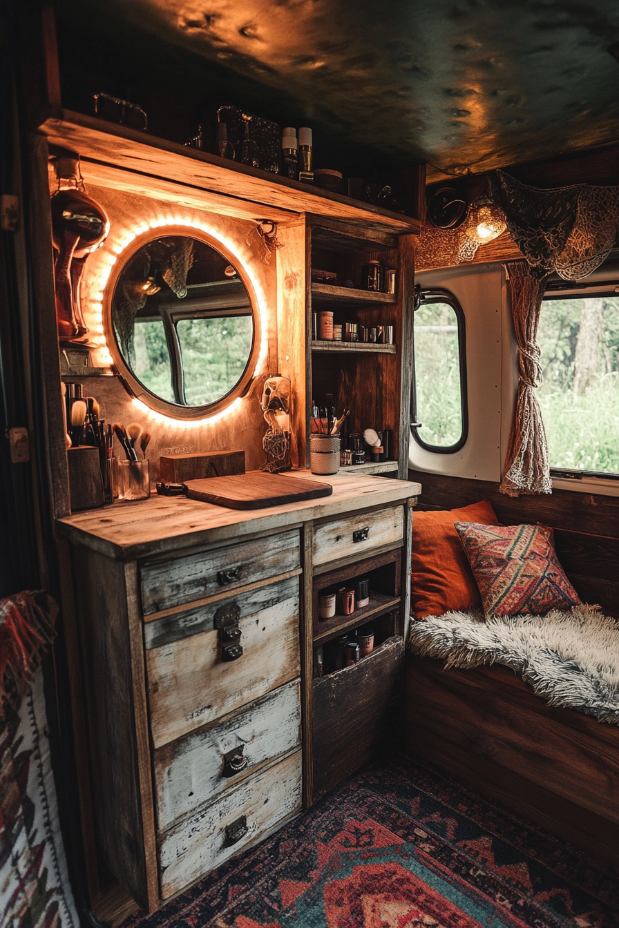 Bohemian Van Vanity Area. Distressed wood makeup storage, circle ring light, intricate folding mirror.