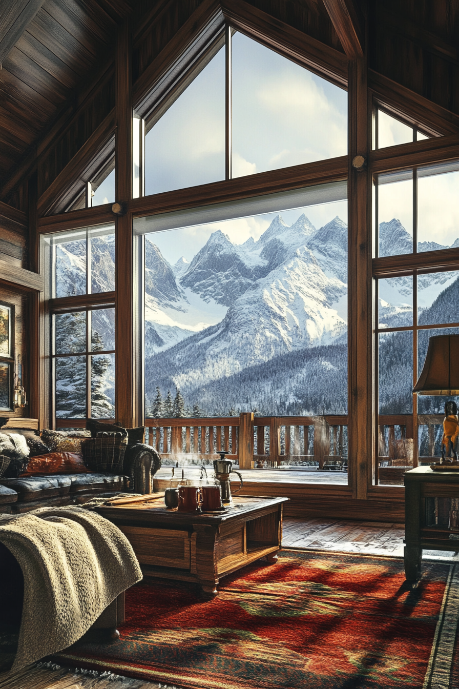 Ski lodge interior. Wool blankets, hot cocoa station, view of snow-capped peaks.