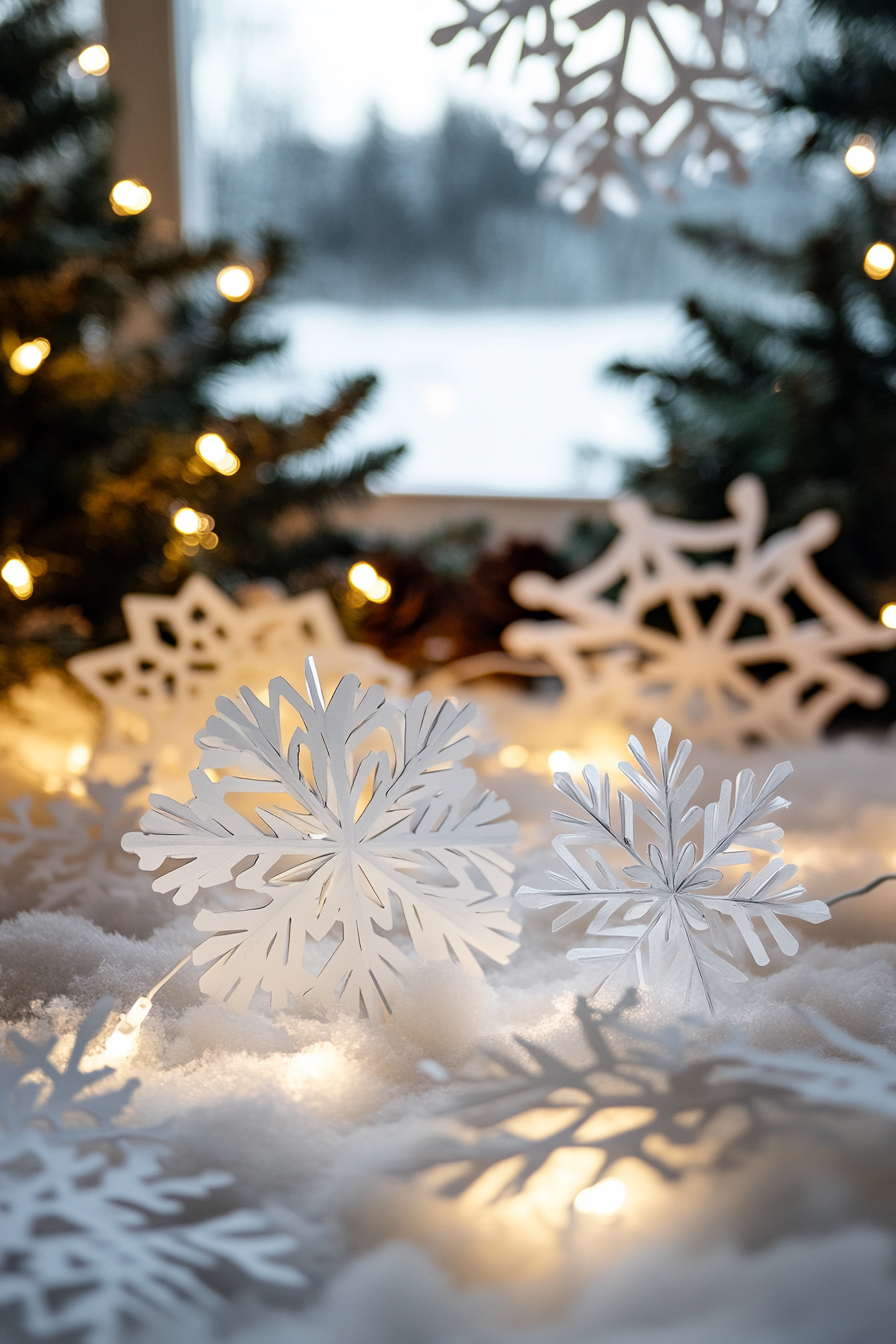 Wide angle view. Modern Christmas décor. White lights. Paper snowflakes. Frost-covered valley.