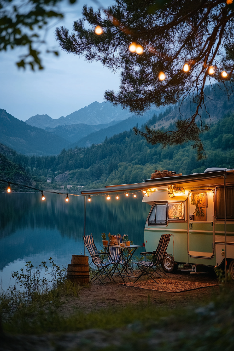 Wide angle view. Retro-styled RV with metal gliders and string lights by a mountain lake.