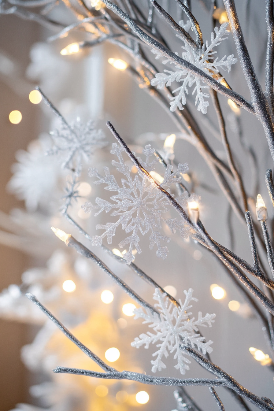 Wide-angle view of modern Christmas decor. White fairy lights on frosted silver branches with paper snowflakes.