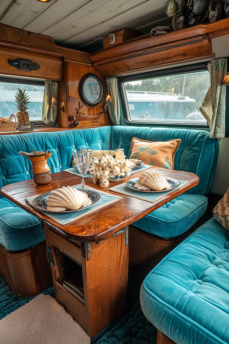 Van dining area. Turquoise upholstered seats, a wooden fold-out table, and seashell decoration.