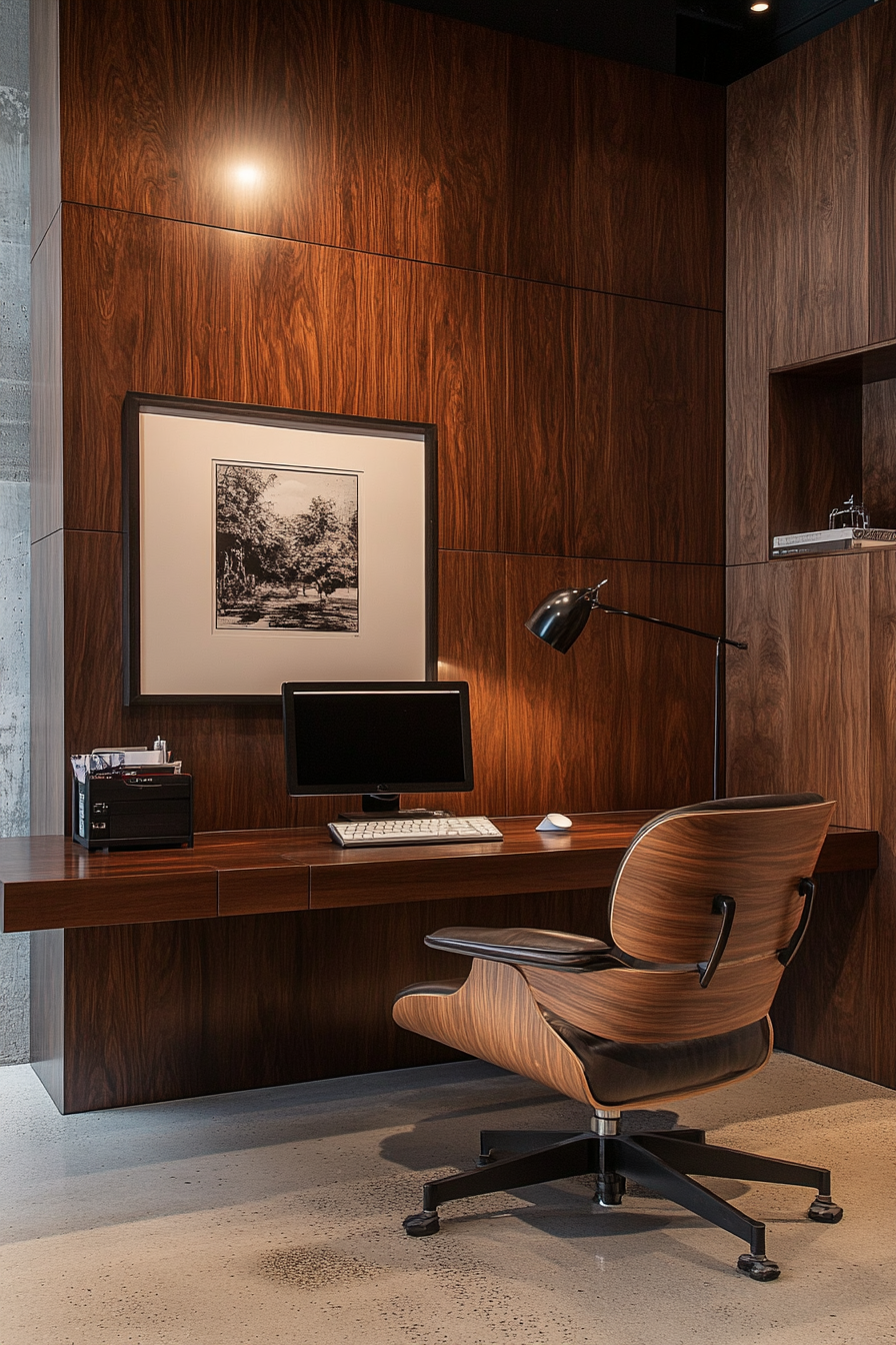 Wide angle view. Walnut panel mobile workspace with vintage Eames chair under dramatic lighting.