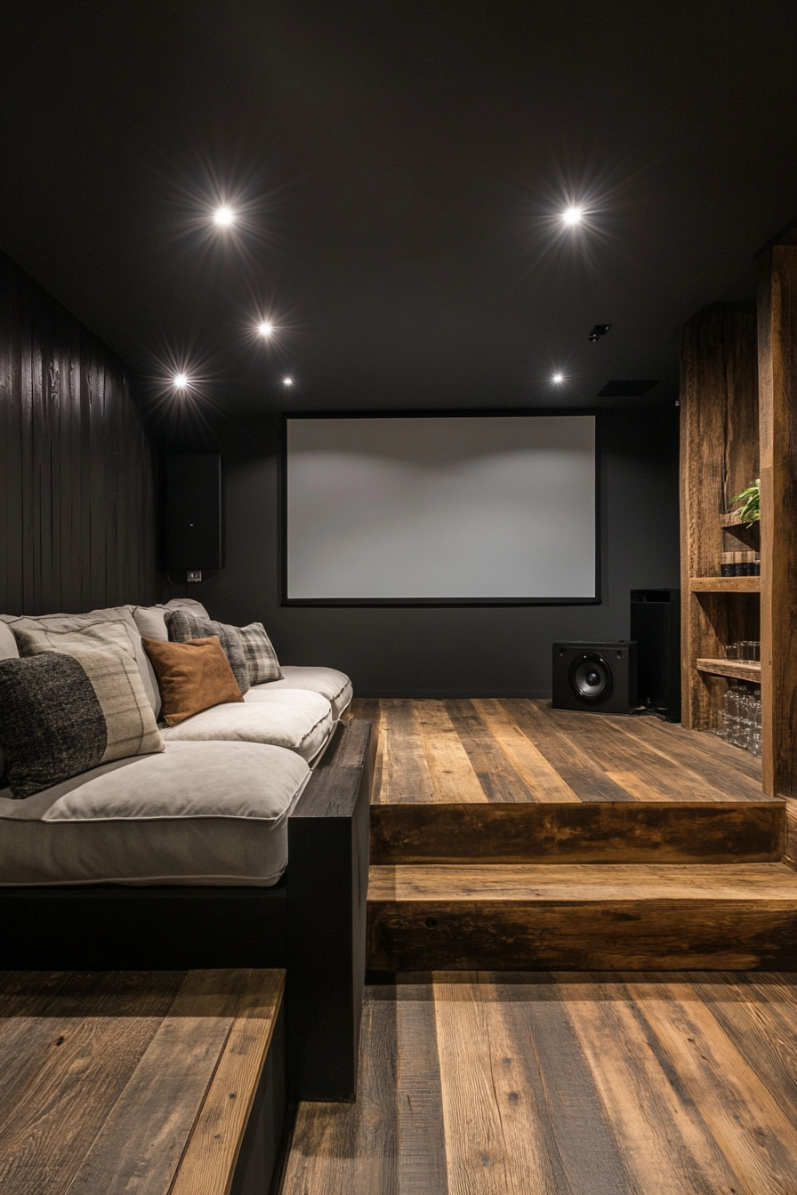 Contemporary tiny theater. Distressed wooden tiered seating, white projector wall, matte black surround sound system.