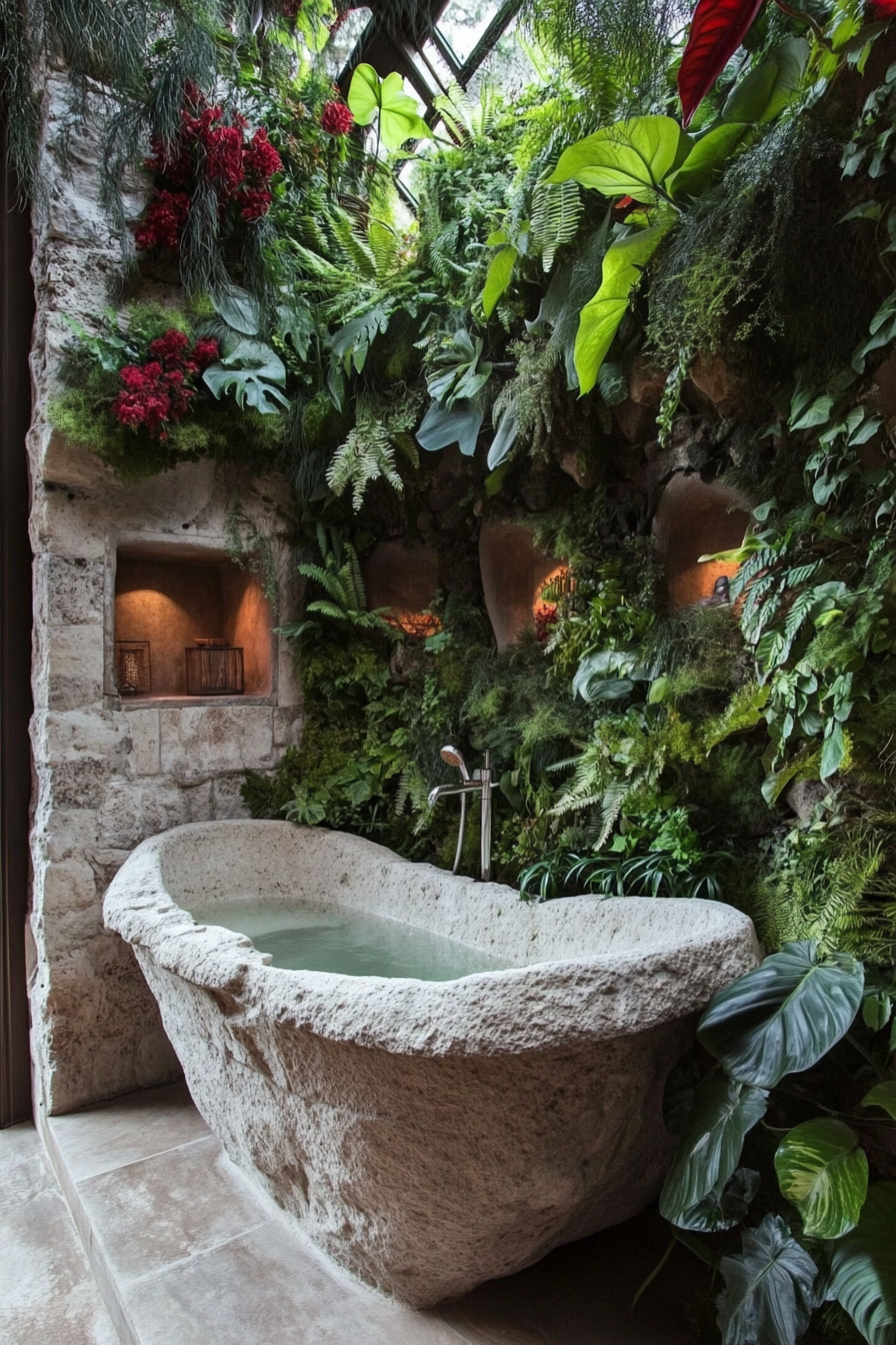 Tiny bathhouse. Stone soaking tub present alongside a forest-inspired plant wall.