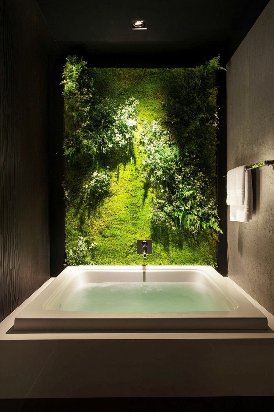 Tiny bathhouse. Illuminated moss wall beside square soaking tub.