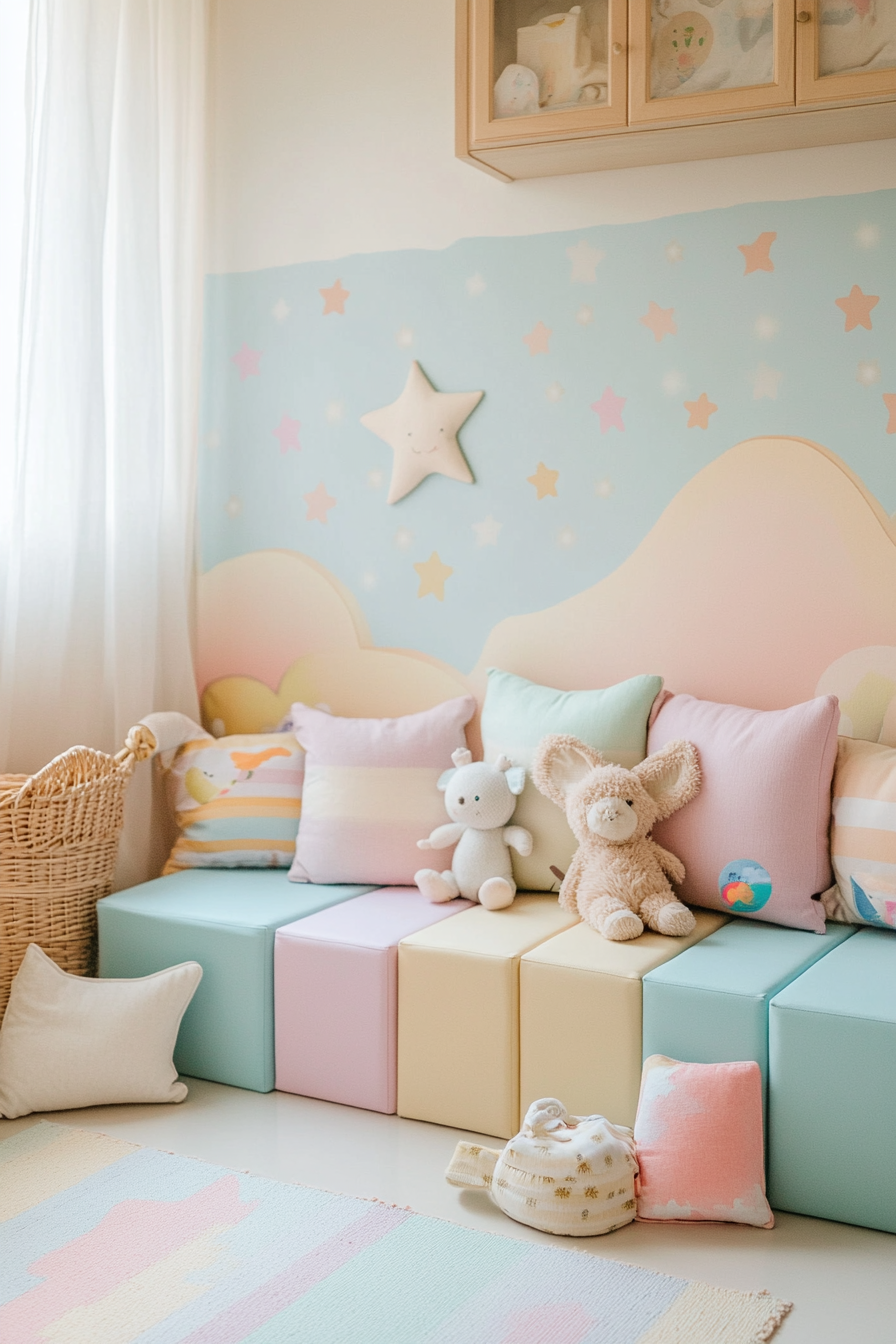 Wide-angle view of cheerful baby space. Pastel-colored blocks with star-patterned wallpaper.