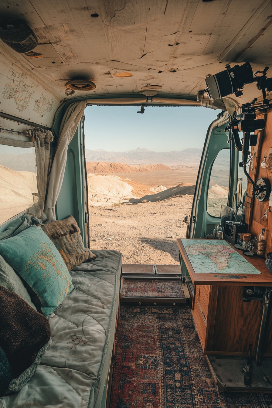 Van Rooftop. Desert view, telescope mount, loungers, and star map table.