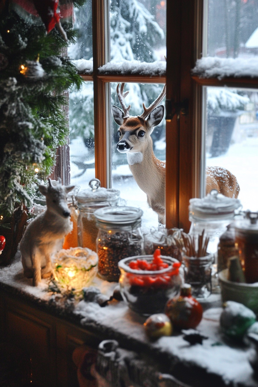 Holiday baking haven. Deer peering through frost-covered window beside gingerbread fixtures and mismatched spice jars.