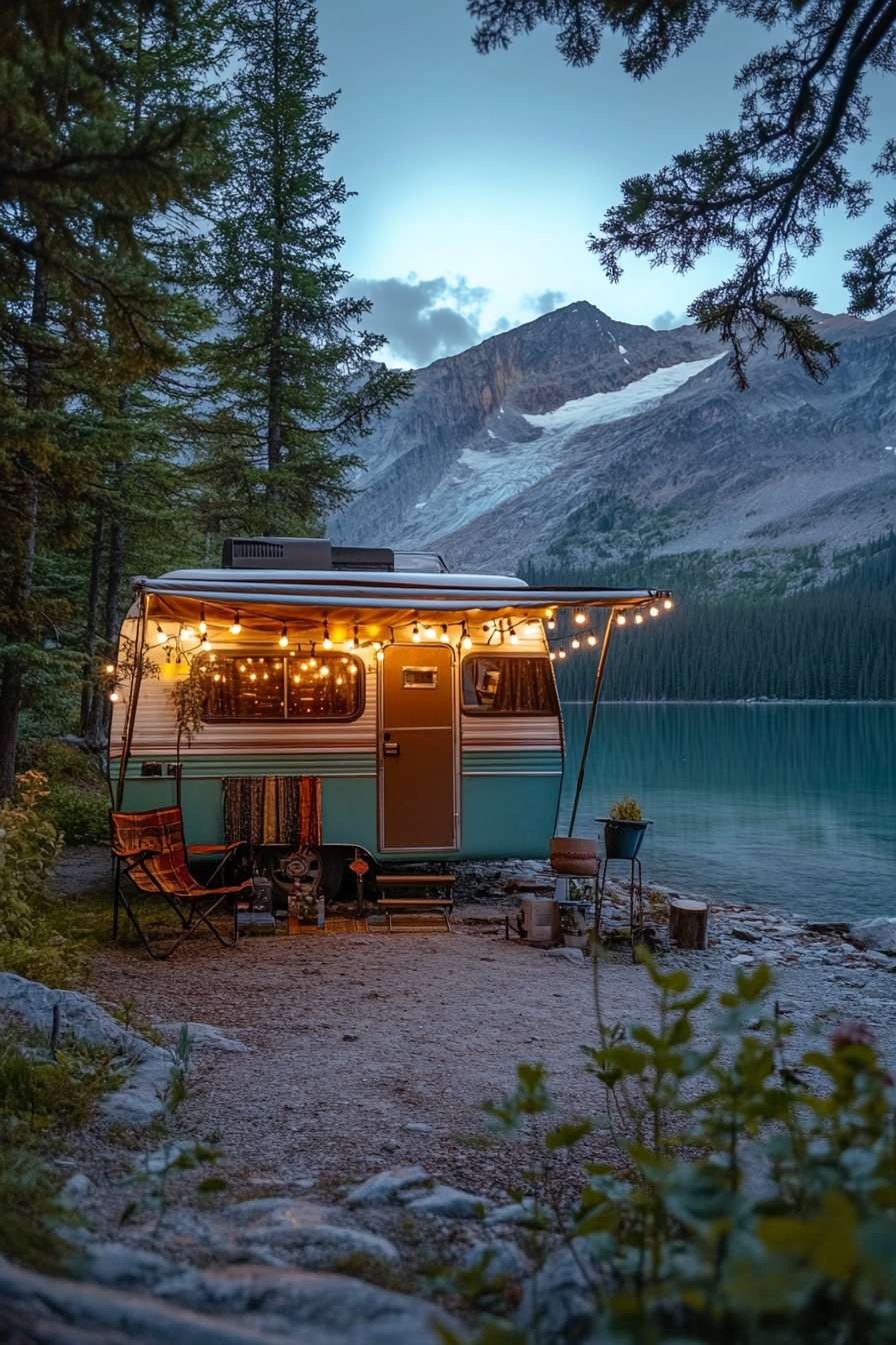 Wide angle view. Retro RV entrance, parked beside crystal-clear mountain lake, with string lights.