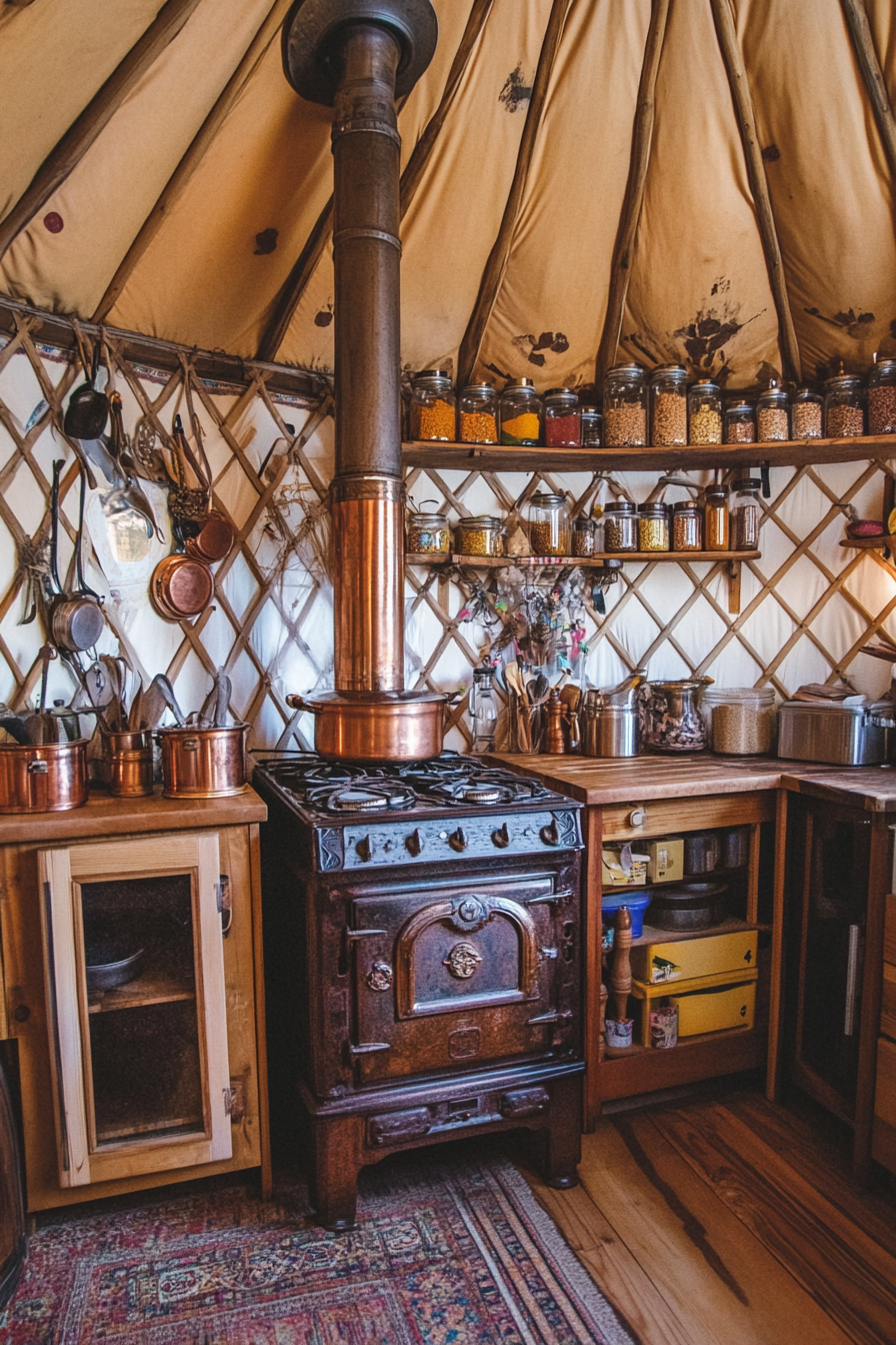 Alpine-style yurt kitchen. Mahogany wood stove under spice-laden wall, surrounded by gleaming copper pots.