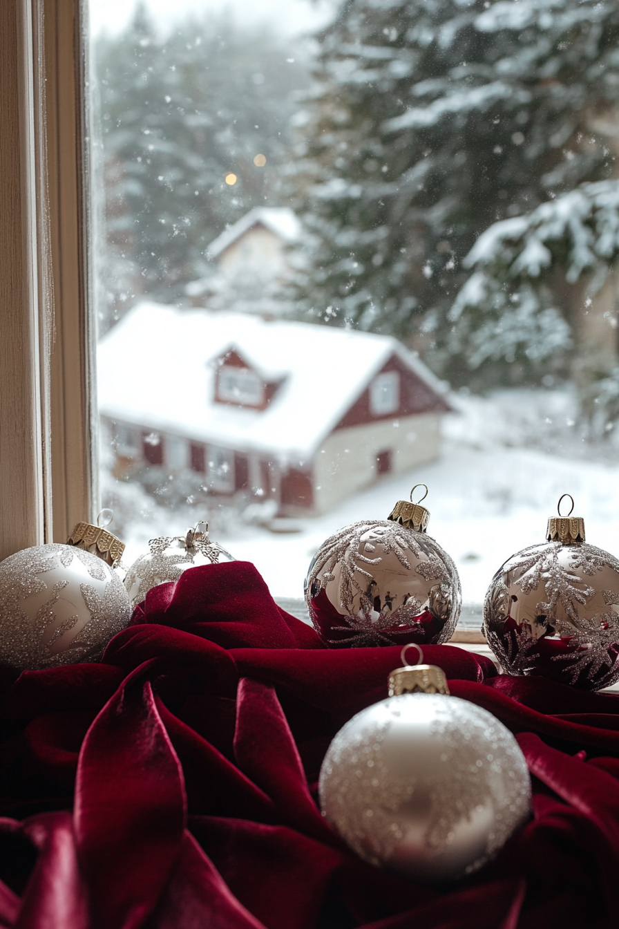 Wide angle Christmas interior view. Rich burgundy velvet ribbons on vintage silver ornaments, snow-dusted village outside.