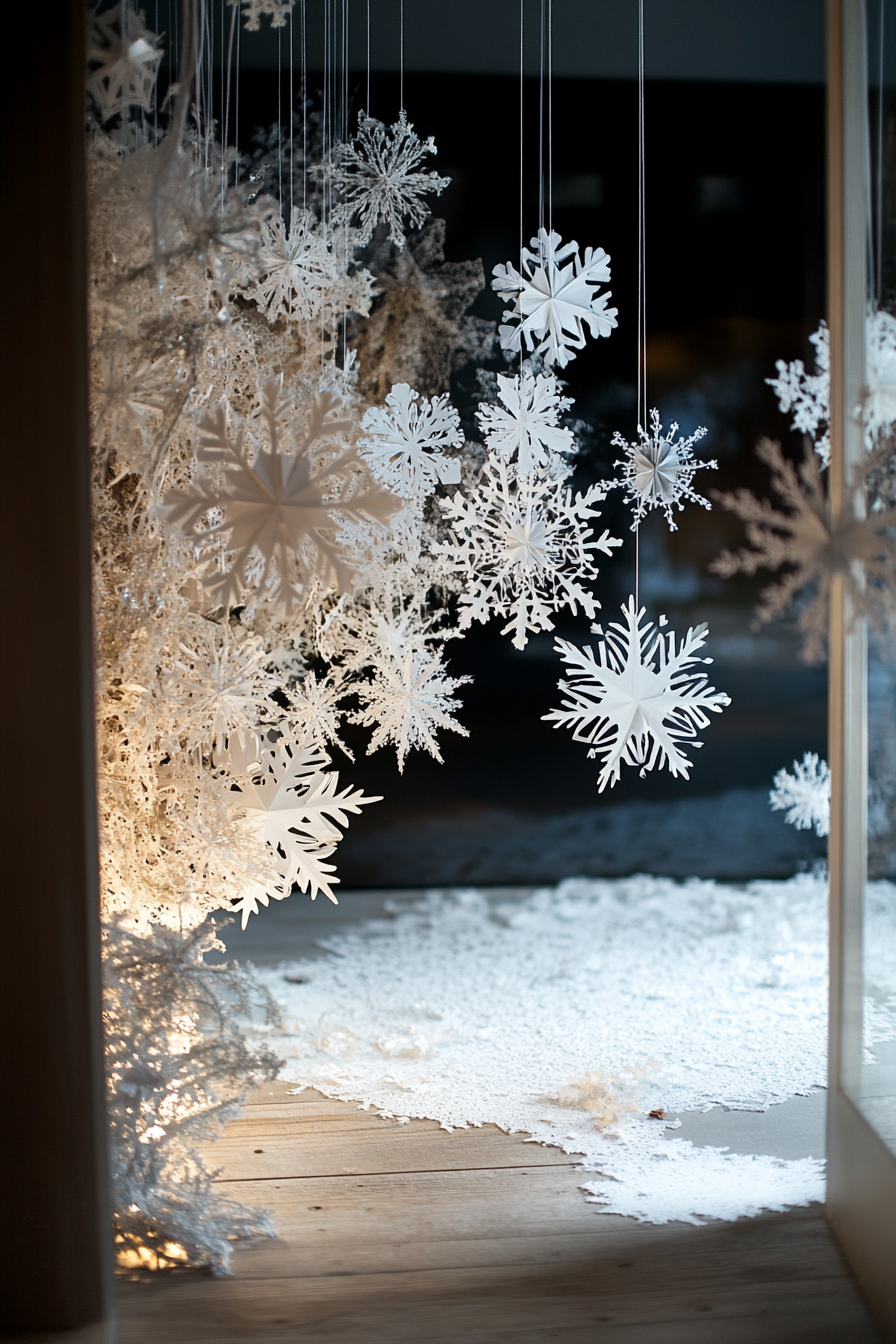 Modern Christmas decor. Frosted valley spotted through a wide-angled lens, beset with paper snowflakes.