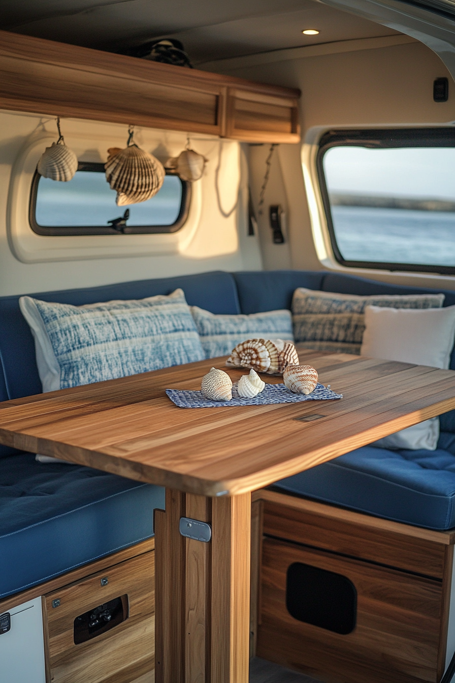 Van dining area. Fold-out teak table, nautical blue seat cushions, hanging seashell decor.