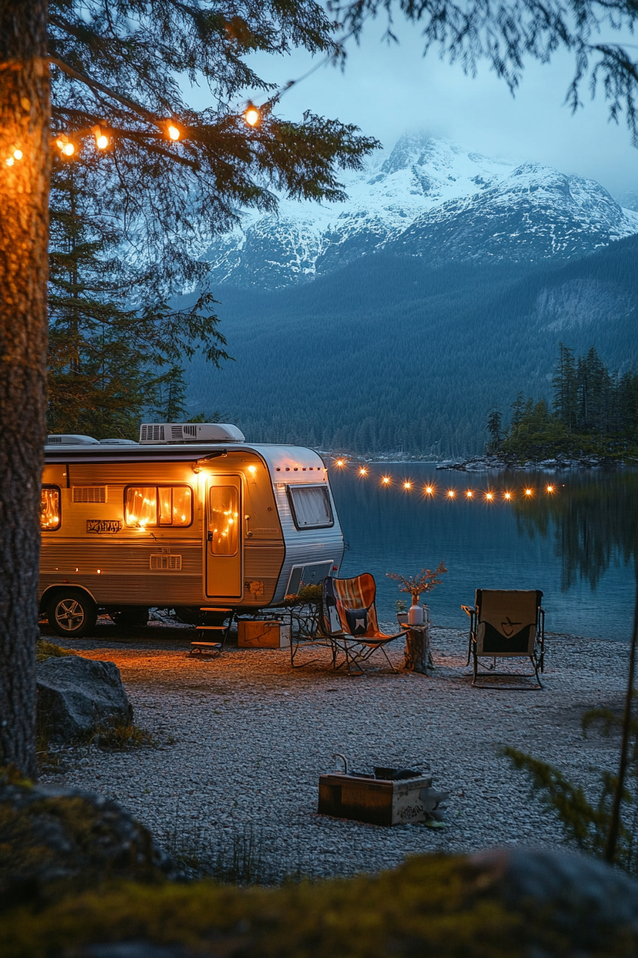 Wide-angle view. Retro-styled RV entrance, metal gliders, string lights, crystal-clear mountain lake.