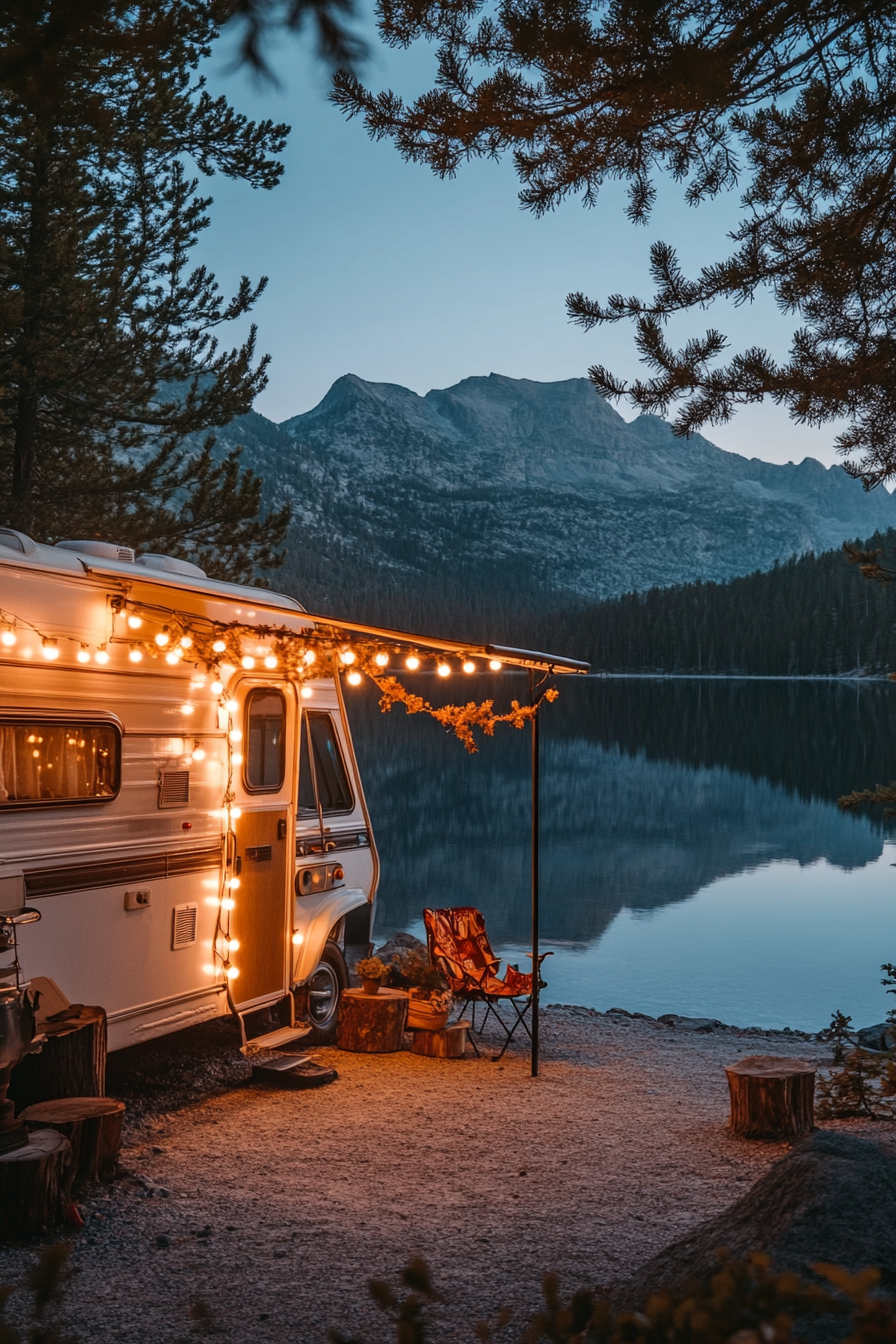 Wide angle view. Retro RV entrance, parked by clear mountain lake, adorned with string lights.