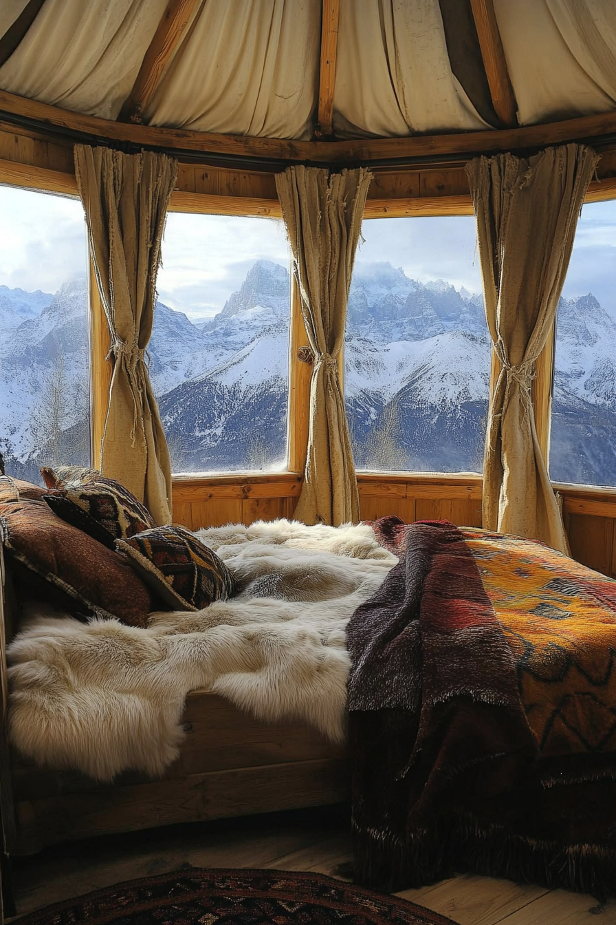 Alpine yurt bedroom. Panoramic windows framing snow-capped mountains, rustic wooden bed topped with fur throws.