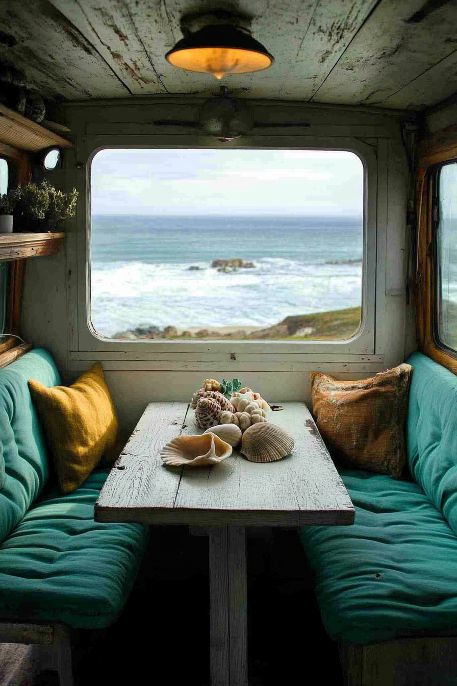 Van dining area. Teal cushioned seats, white pine fold-out table, seashell centerpiece, window facing ocean.