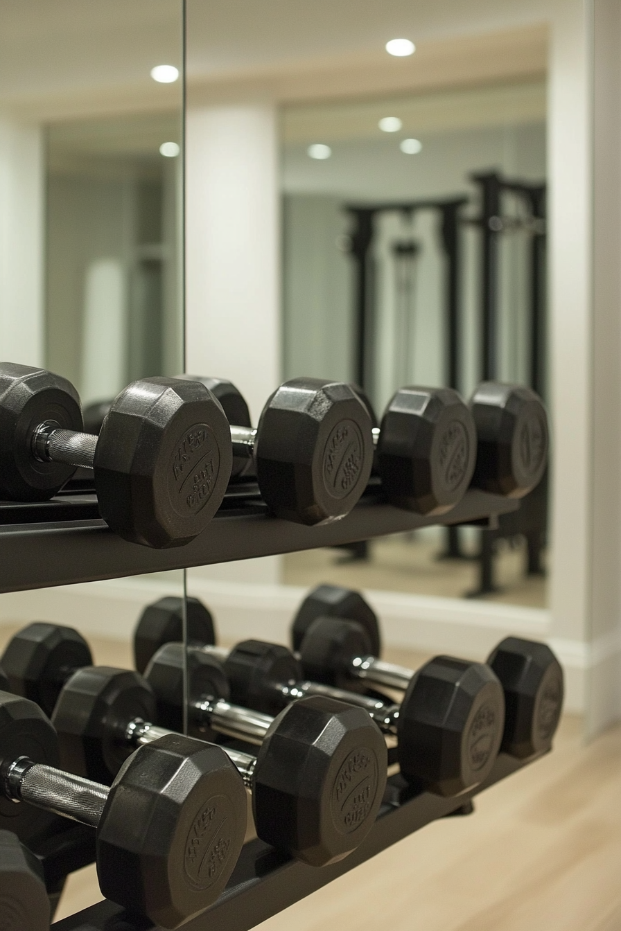 Contemporary Tiny Gym. Clutter-free corner with curling dumbbells, against mirror wall.