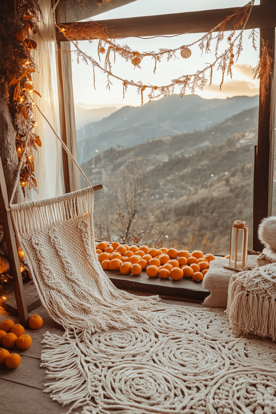 Wide angle holiday space. Macramé stockings, dried orange garlands, mountain sunset view.