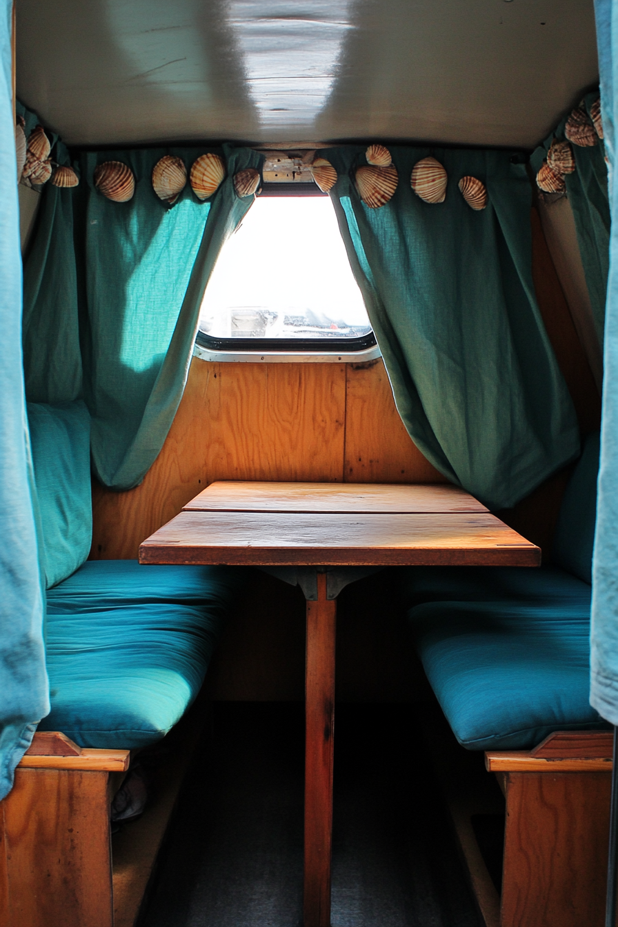 Van dining area. Fold-out cedar table, shell adorned curtains, view-side turquoise cushion seats.