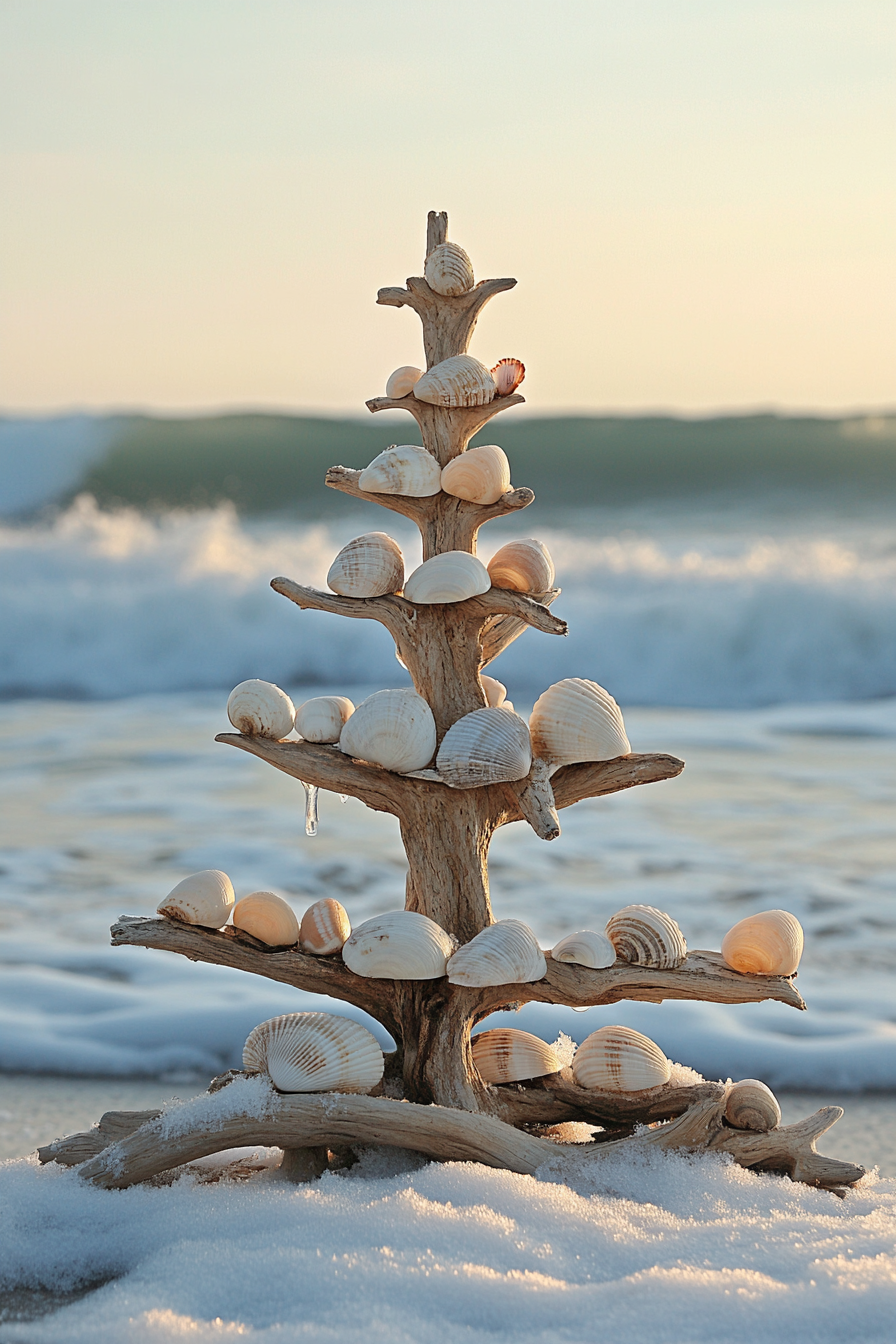 Holiday décor. Driftwood tree with shell ornaments facing snowy beach waves.