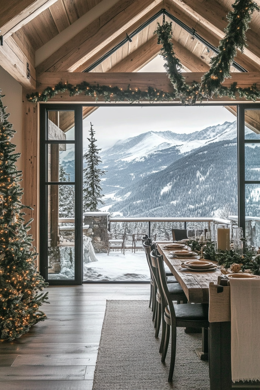 Farmhouse-style space overview. Pine garlands and wooden ornaments, with wide snowy mountain view.