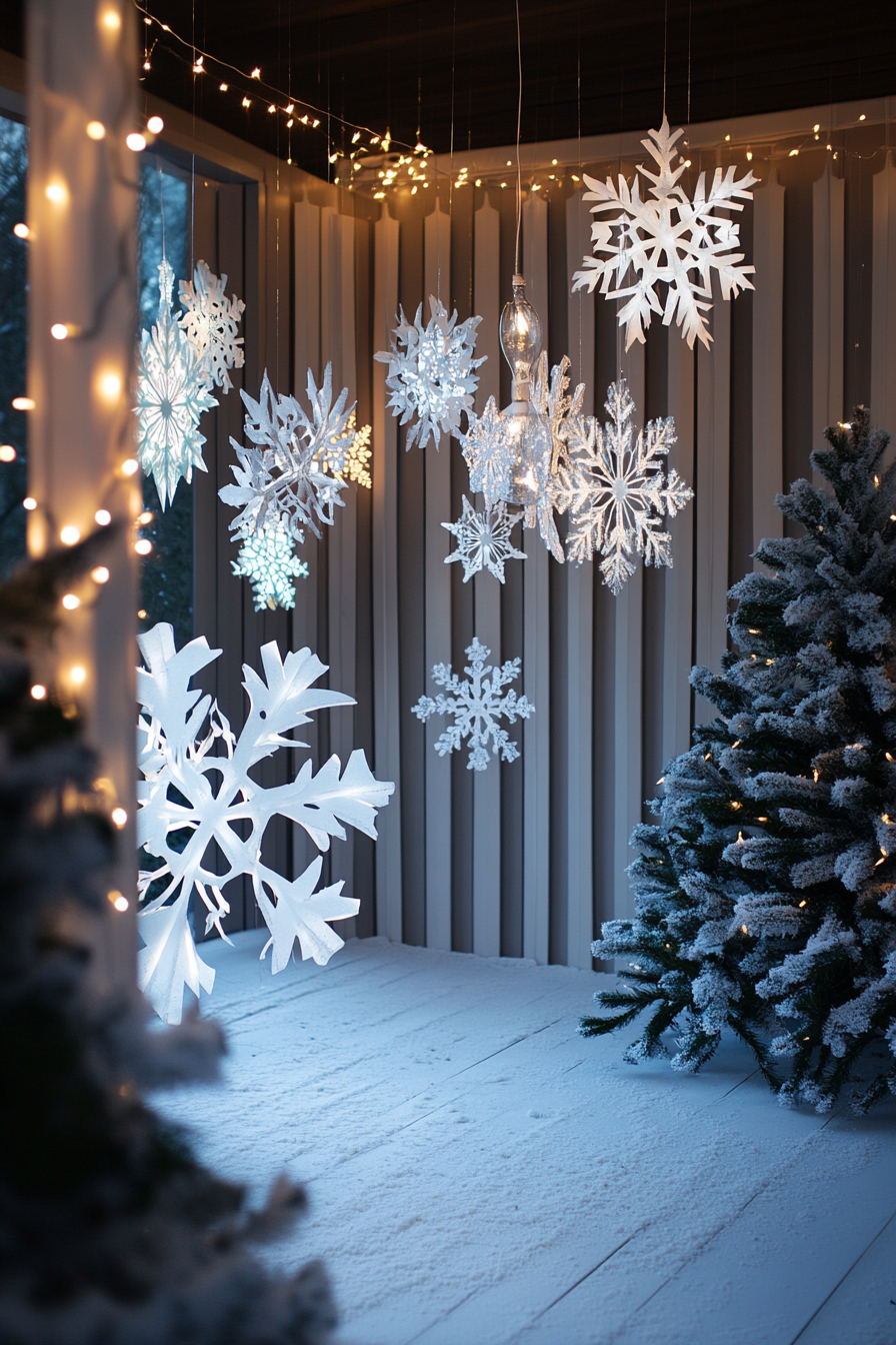 Wide-angle modern Christmas decor. Frosted valley, white lights, and paper snowflakes.