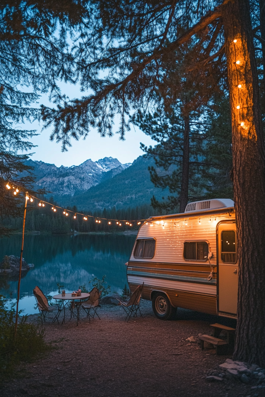 Wide angle view. Retro-styled RV entrance beside a glimmering mountain lake, adorned with string lights.