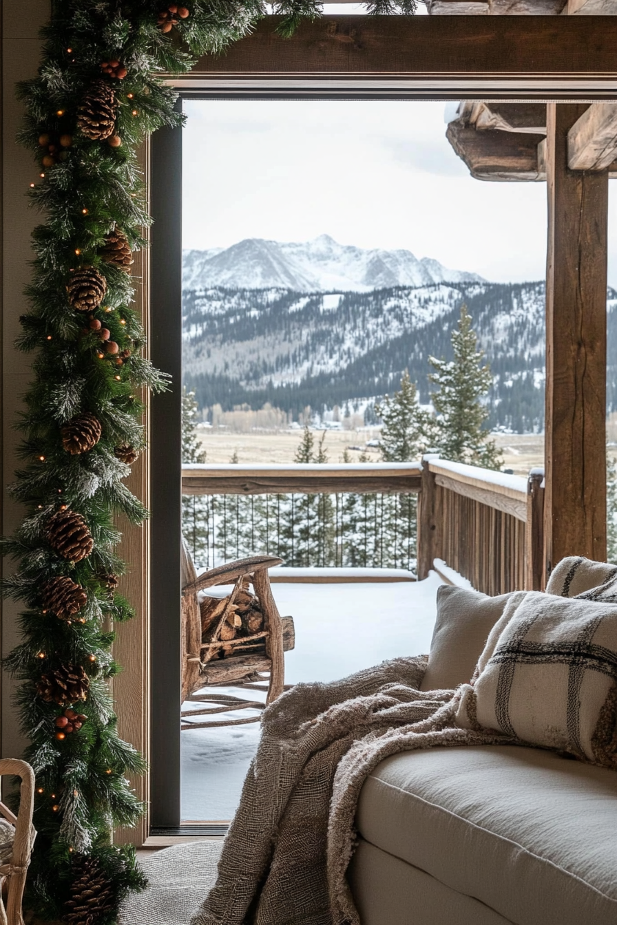 Farmhouse-style space, pine garlands, wooden ornaments, snowy mountain view.