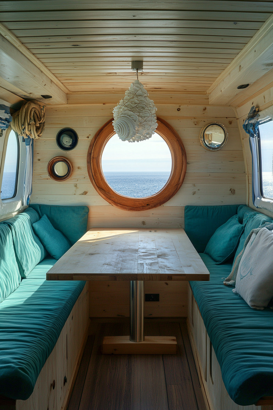 Van dining area. Turquoise cushioned seats, white shell chandelier, spruce fold-out table, seaview porthole window.