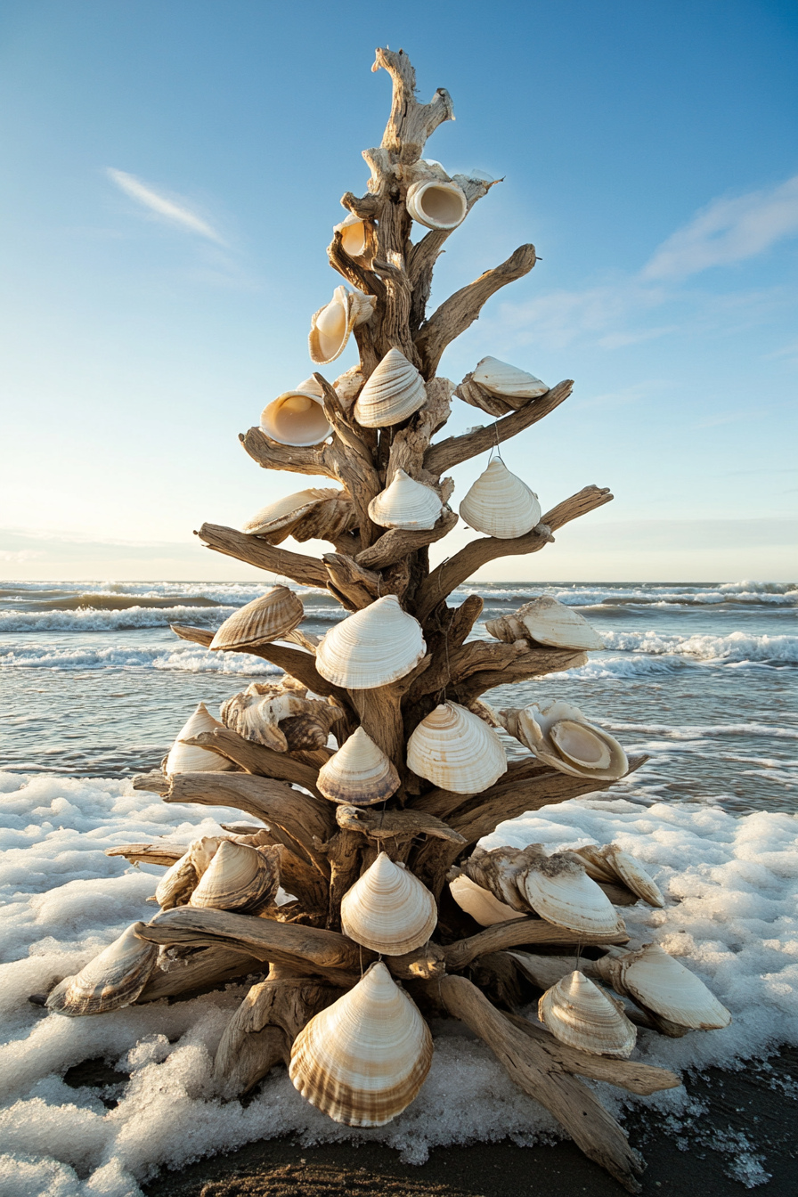 Holiday décor. Driftwood tree adorned with shell ornaments, on a beach facing icy waves.