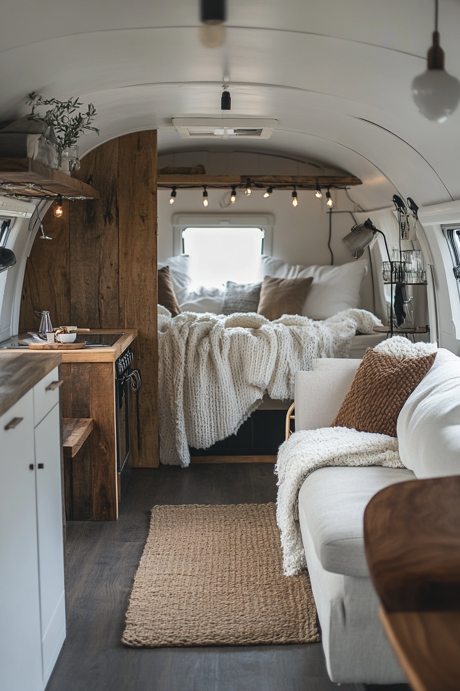 Scandinavian camper lounge. Wool throws, hygge lighting, natural wood accents.