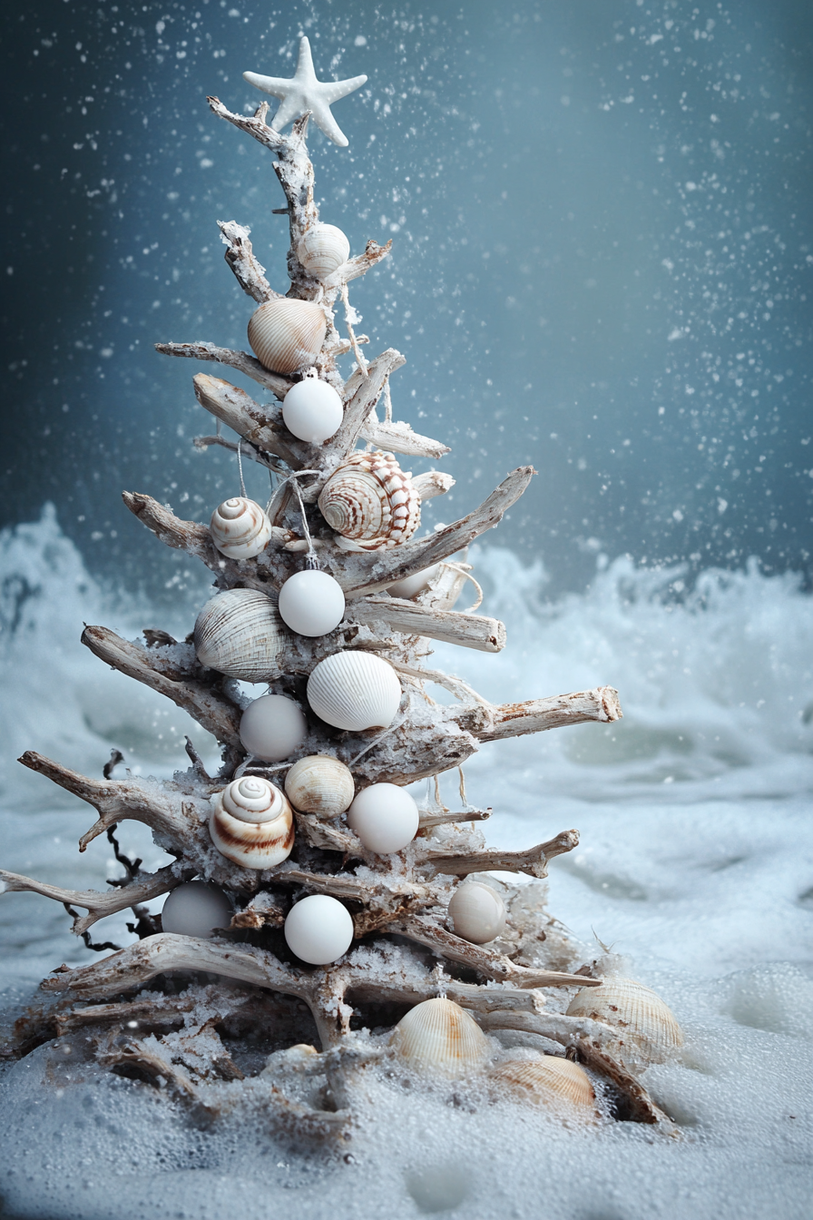 Holiday decor. Driftwood tree adorned with spherical shell ornaments, against a frothy winter sea backdrop.