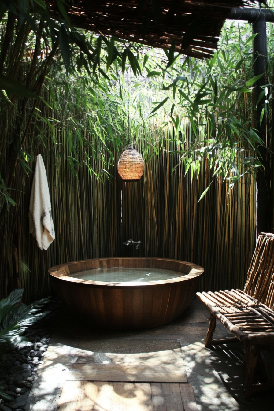 Tiny bathhouse. Circular wooden tub amidst bamboo plant wall and rustic meditation bench.