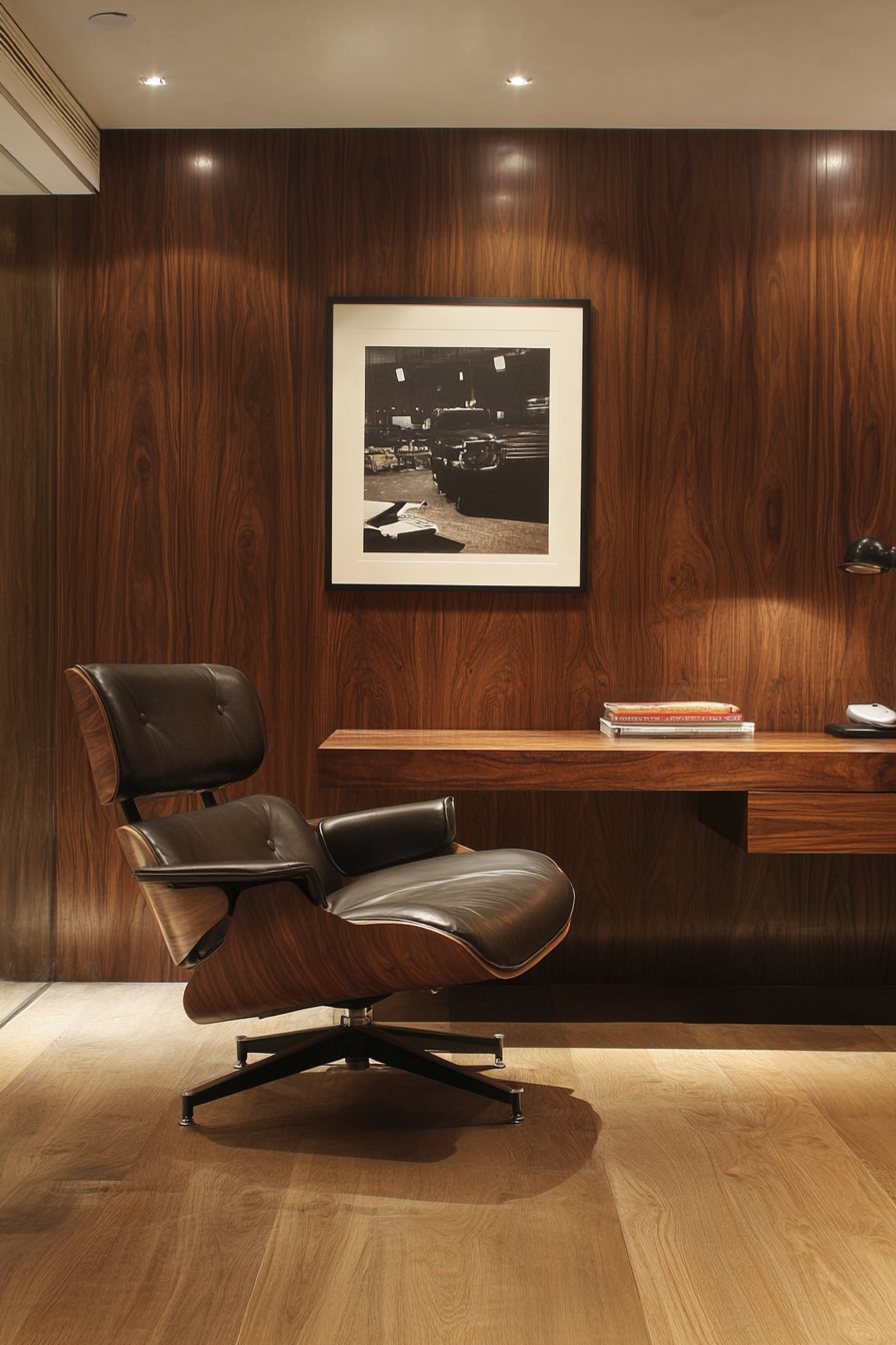 Wide angle workspace view. Walnut paneling, Eames chair, low-key lighting.