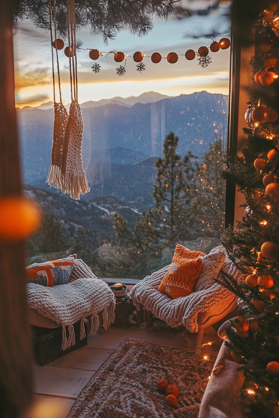 Holiday space. Macramé stockings, dried orange garlands, mountain sunset through a wide window.