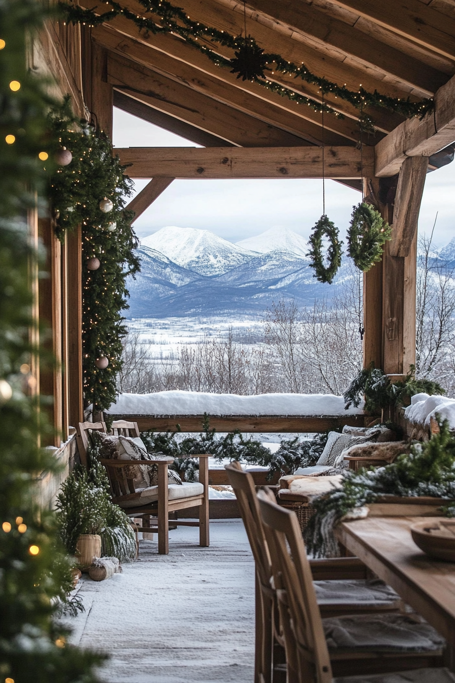 Farmhouse-style space. Wooden ornaments, pine garlands, snow-capped mountain view.