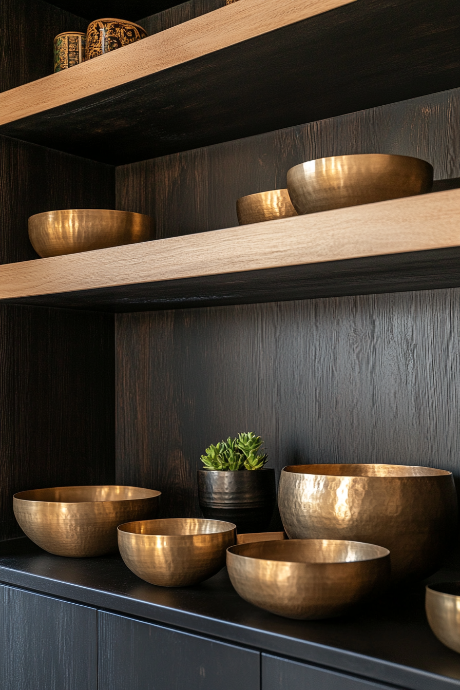 Zen-Style Van Meditation Room. Singing bowls displayed on black lacquered bookshelf.